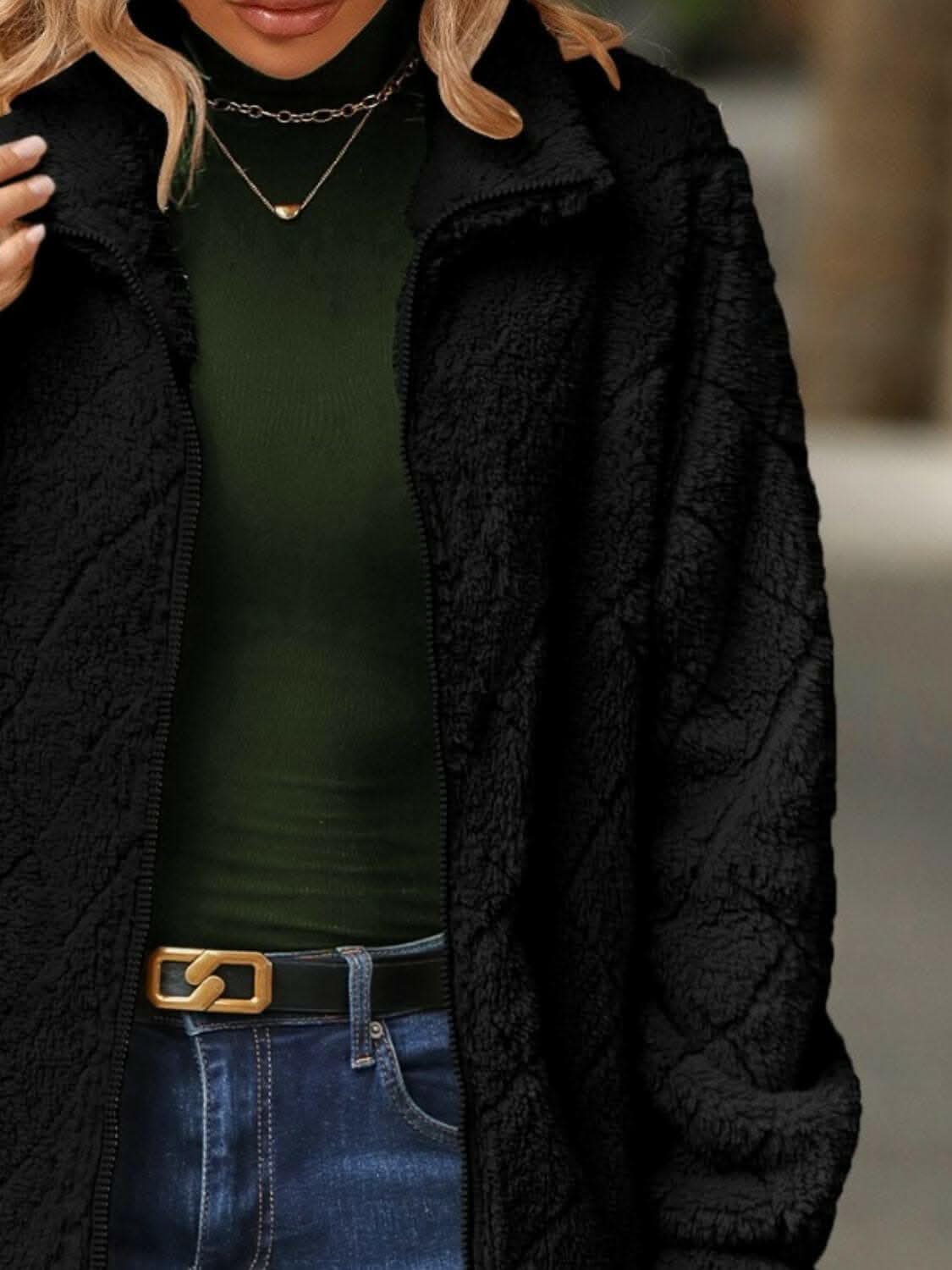 Fuzzy zip-up jacket with pockets - Love Salve